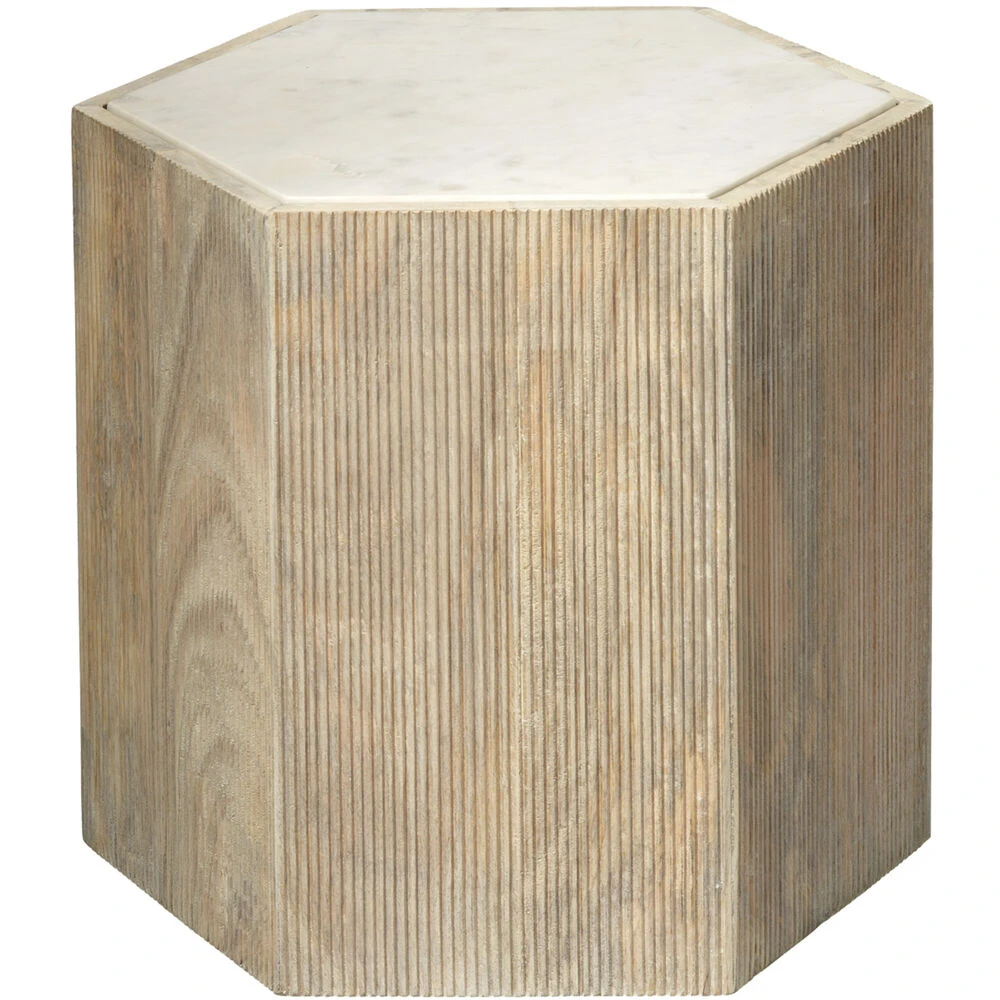 Argan 20 X 18 Inch Natural Wood & White Marble Table, Hexagon