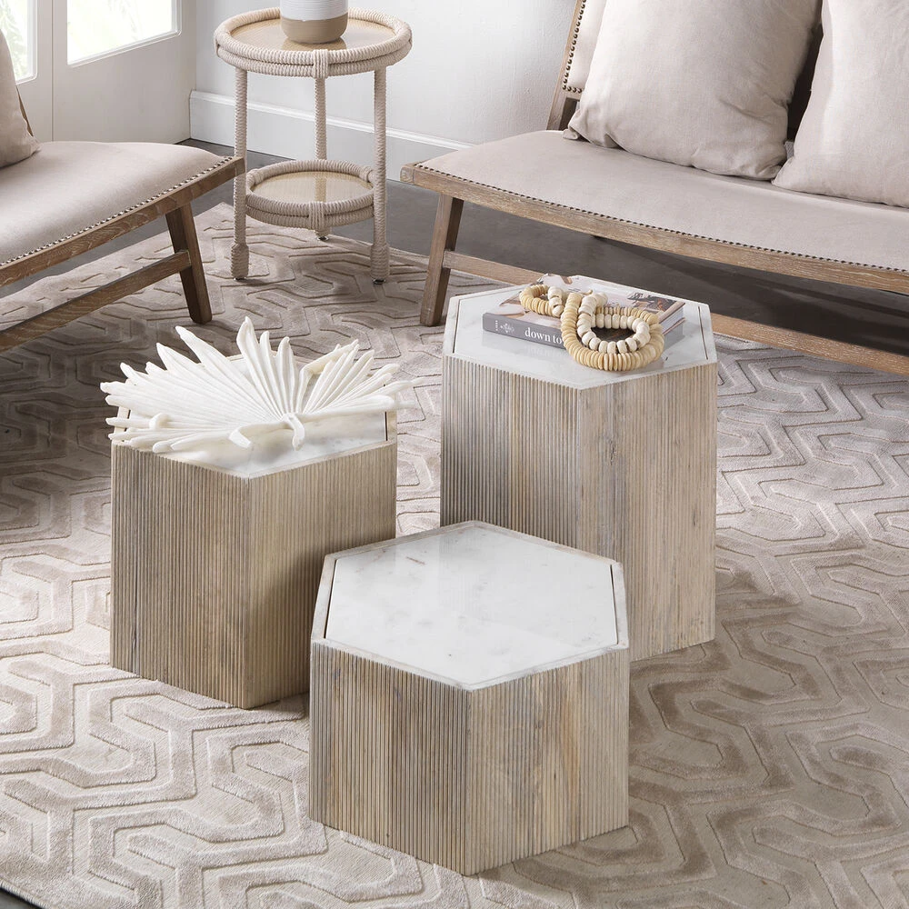 Argan 20 X 18 Inch Natural Wood & White Marble Table, Hexagon - Image 2
