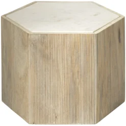 Argan 20 X 17 Inch Natural Wood & White Marble Table, Hexagon