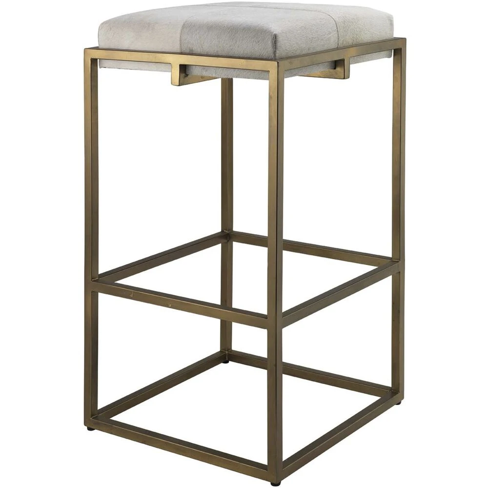 Shelby 30 Inch White Hide & Antique Brass Bar Stool