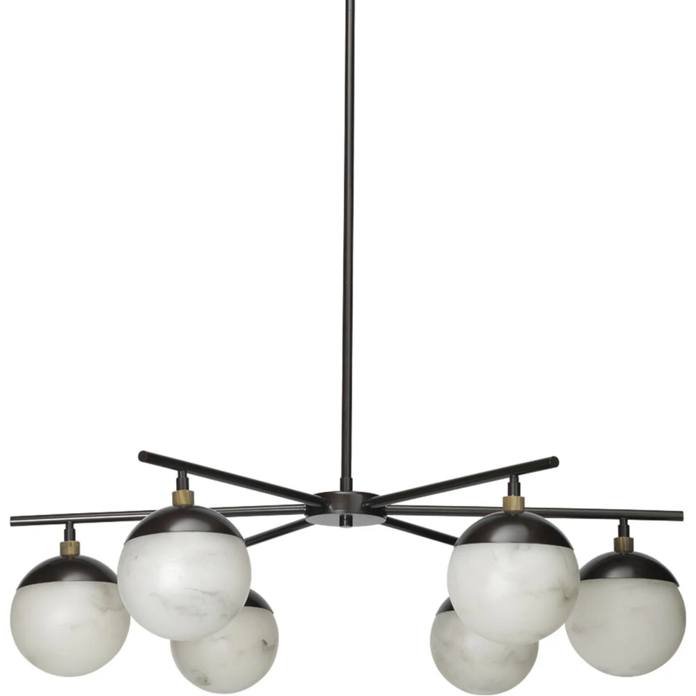Metro 6 Light 40 Inch Faux White Alabaster And Oil Rubbed Bronze Chandelier Ceiling Light, Antique Brass Accents