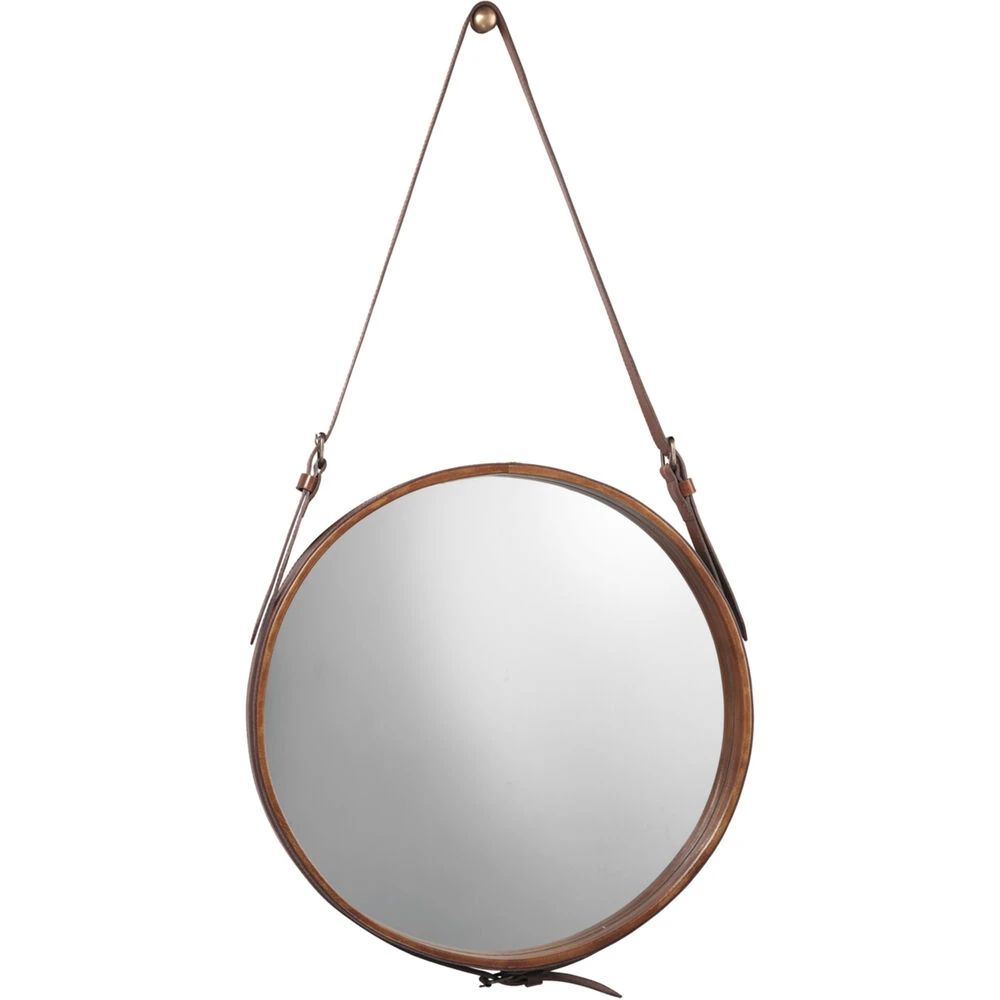 Round 16 X 16 Inch Brown Leather Wall Mirror